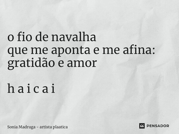 ⁠o fio de navalha que me aponta e me afina: gratidão e amor h a i c a i... Frase de Sonia Madruga - artista plástica.