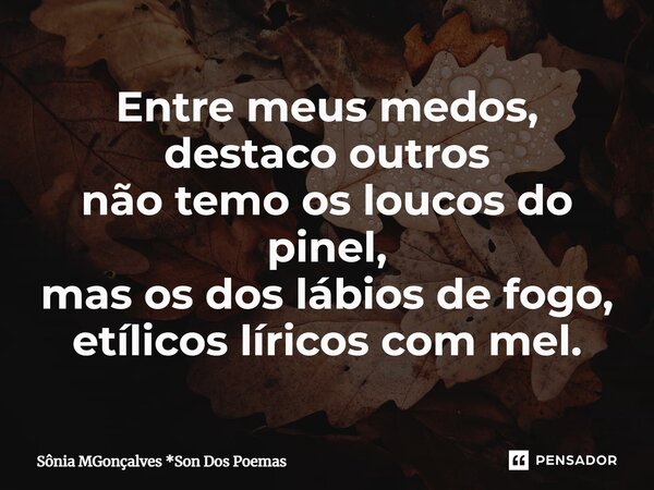 ⁠Entre meus medos, destaco outros não temo os loucos do pinel, mas os dos lábios de fogo, etílicos líricos com mel.... Frase de Sônia MGonçalves *Son Dos Poemas.