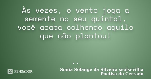 Às vezes, o vento joga a semente no seu quintal, você acaba colhendo aquilo que não plantou! ..... Frase de Sonia Solange Da Silveira ssolsevilha poetisa do cerrado.
