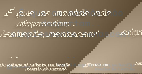 É que as manhãs não despertam.. simplesmente,renascem! ..... Frase de sonia solange da silveira ssolsevilha poetisa do cerrado.
