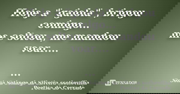 Hoje a "gaiola", brigou comigo... me soltou, me mandou voar.... ...... Frase de Sonia Solange Da Silveira ssolsevilha poetisa do cerrado.