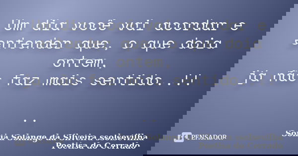 Um dia você vai acordar e entender que, o que doia ontem, já não faz mais sentido..!! ..... Frase de sonia solange da silveira ssolsevilha poetisa do cerrado.