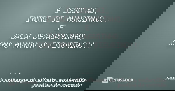 É ISSO AI, ENTRE DE MANSINHO.. E SAIA DEVAGARINHO, COMO MANDA O FIGURINO!! ...... Frase de sonia soloange da silveira ssolsevilha poetisa do cerrado.