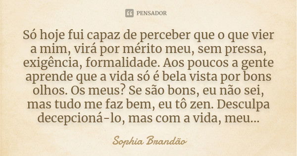 Só hoje fui capaz de perceber que o que vier a mim, virá por mérito meu, sem pressa, exigência, formalidade. Aos poucos a gente aprende que a vida só é bela vis... Frase de Sophia Brandão.