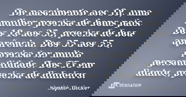 Do nascimento aos 18, uma mulher precisa de bons pais. Dos 18 aos 35, precisa de boa aparência. Dos 35 aos 55, precisa ter muita personalidade. Dos 55 em diante... Frase de Sophie Tucker.