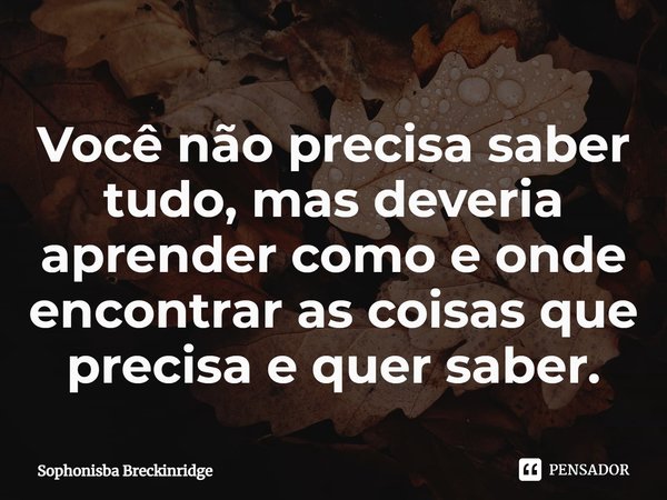 ⁠Você não precisa saber tudo, mas deveria aprender como e onde encontrar as coisas que precisa e quer saber.... Frase de Sophonisba Breckinridge.