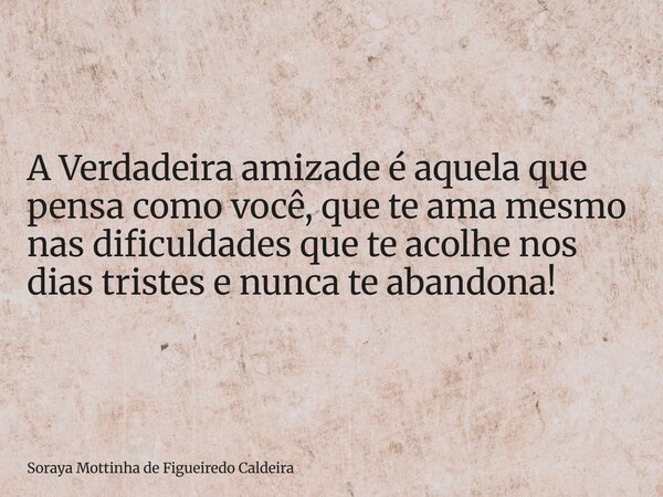 A Verdadeira amizade é aquela que pensa como você, que te ama mesmo nas dificuldades que te acolhe nos dias tristes e nunca te abandona!... Frase de Soraya Mottinha de Figueiredo Caldeira.