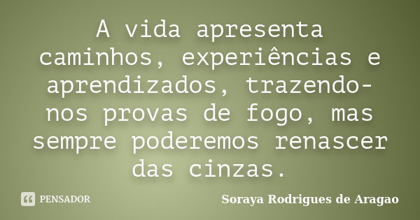 A vida apresenta caminhos, experiências e aprendizados, trazendo-nos provas de fogo, mas sempre poderemos renascer das cinzas.... Frase de Soraya Rodrigues de Aragao.