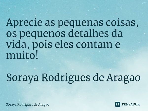 ⁠Aprecie as pequenas coisas, os pequenos detalhes da vida, pois eles contam e muito! Soraya Rodrigues de Aragao... Frase de Soraya Rodrigues de Aragao.