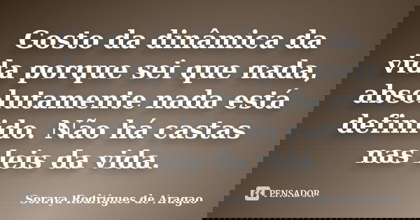 Gosto da dinâmica da vida porque sei que nada, absolutamente nada está definido. Não há castas nas leis da vida.... Frase de Soraya Rodrigues de Aragao.