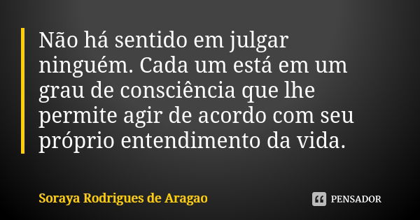 Não há sentido em julgar ninguém. Cada um está em um grau de consciência que lhe permite agir de acordo com seu próprio entendimento da vida.... Frase de Soraya Rodrigues de Aragao.