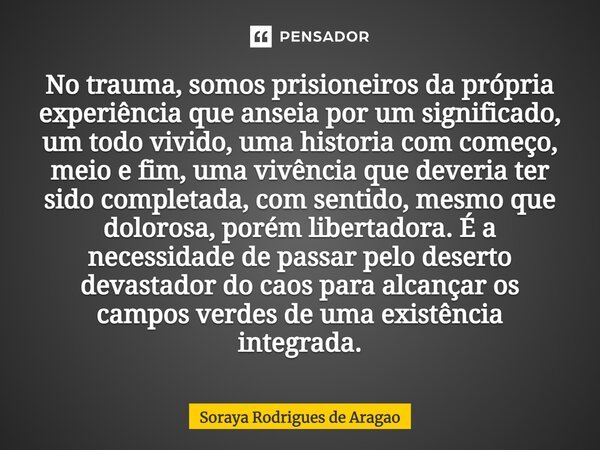 ⁠No trauma, somos prisioneiros da própria experiência que anseia por um significado, um todo vivido, uma historia com começo, meio e fim, uma vivência que dever... Frase de Soraya Rodrigues de Aragao.