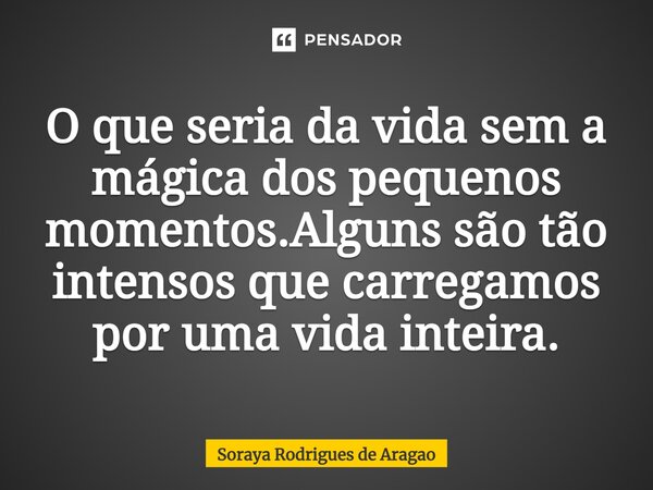 ⁠O que seria da vida sem a mágica dos pequenos momentos.Alguns são tão intensos que carregamos por uma vida inteira.... Frase de Soraya Rodrigues de Aragao.