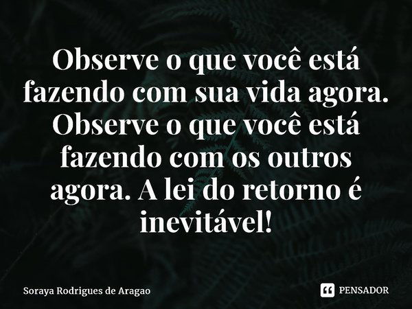 ⁠Observe o que você está fazendo com sua vida agora. Observe o que você está fazendo com os outros agora. A lei do retorno é inevitável!... Frase de Soraya Rodrigues de Aragao.