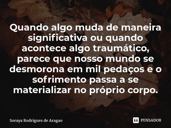 ⁠Quando algo muda de maneira significativa ou quando acontece algo traumático, parece que nosso mundo se desmorona em mil pedaços e o sofrimento passa a se mate... Frase de Soraya Rodrigues de Aragao.