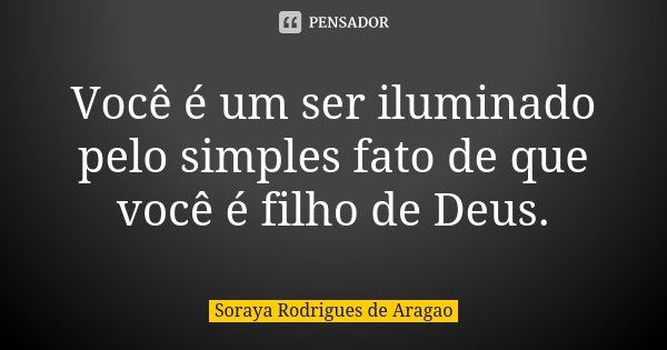 Você é um ser iluminado pelo simples fato de que você é filho de Deus.... Frase de Soraya Rodrigues de Aragao.