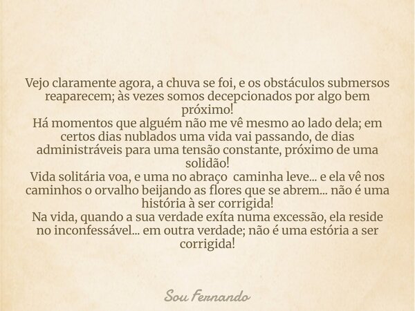 Vejo claramente agora, a chuva se foi, e os obstáculos submersos reaparecem; às vezes somos decepcionados por algo bem próximo! Há momentos que alguém não me vê... Frase de Sou Fernando.