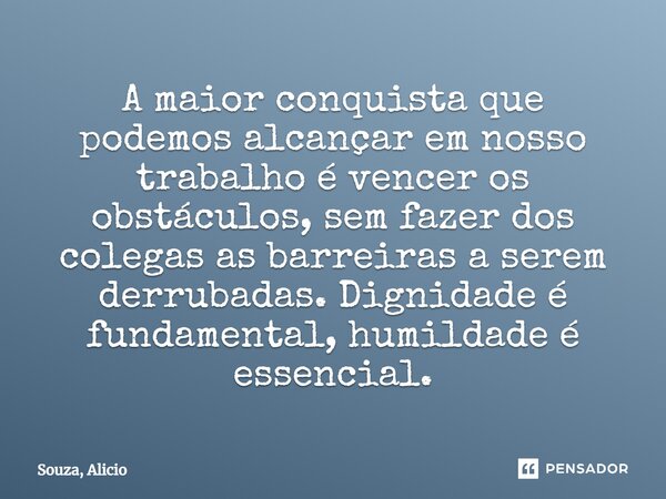 A maior conquista que podemos alcançar em nosso trabalho é vencer os obstáculos, sem fazer dos colegas as barreiras a serem derrubadas. Dignidade é fundamental,... Frase de Souza, Alicio.