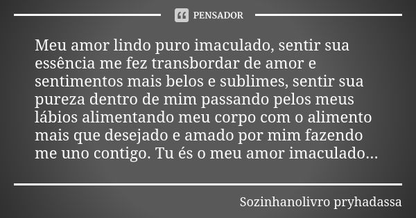 Meu amor lindo puro imaculado, sentir sua essência me fez transbordar de amor e sentimentos mais belos e sublimes, sentir sua pureza dentro de mim passando pelo... Frase de Sozinhanolivro pryhadassa.