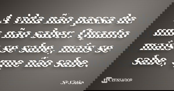 A vida não passa de um não saber. Quanto mais se sabe, mais se sabe, que não sabe.... Frase de Sr Coisa.