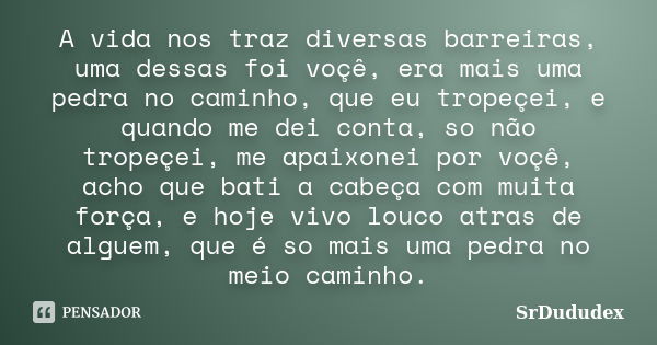 A vida nos traz diversas barreiras, uma dessas foi voçê, era mais uma pedra no caminho, que eu tropeçei, e quando me dei conta, so não tropeçei, me apaixonei po... Frase de SrDududex.