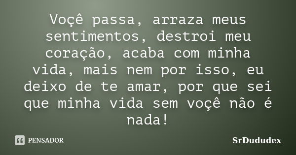 Voçê passa, arraza meus sentimentos, destroi meu coração, acaba com minha vida, mais nem por isso, eu deixo de te amar, por que sei que minha vida sem voçê não ... Frase de SrDududex.