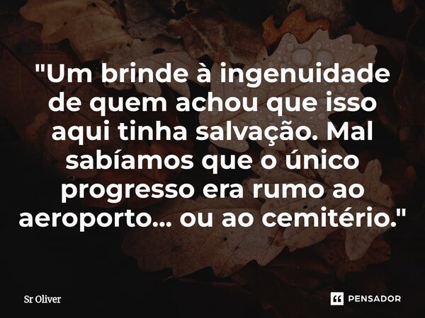 "⁠Um brinde à ingenuidade de quem achou que isso aqui tinha salvação. Mal sabíamos que o único progresso era rumo ao aeroporto... ou ao cemitério."... Frase de Sr Oliver.