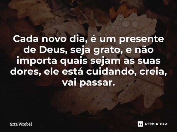 ⁠Cada novo dia, é um presente de Deus, seja grato, e não importa quais sejam as suas dores, ele está cuidando, creia, vai passar.... Frase de Srta Wrobel.