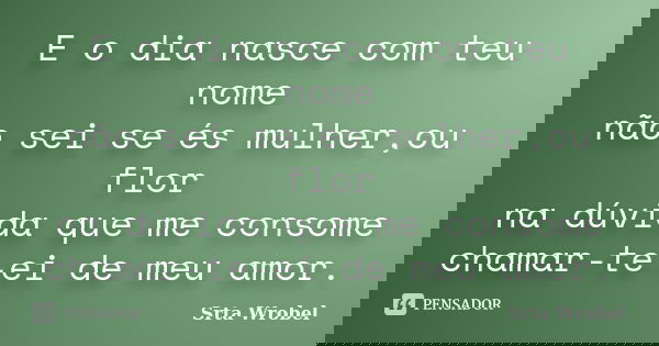 E o dia nasce com teu nome não sei se és mulher,ou flor na dúvida que me consome chamar-te-ei de meu amor.... Frase de Srta Wrobel.