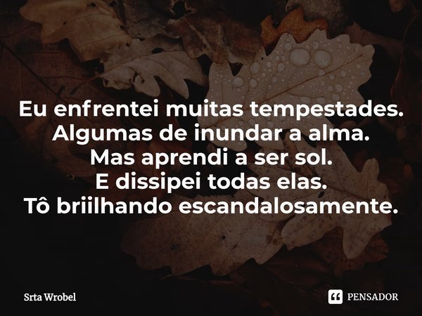 ⁠Eu enfrentei muitas tempestades.
Algumas de inundar a alma.
Mas aprendi a ser sol.
E dissipei todas elas.
Tô briilhando escandalosamente.... Frase de Srta Wrobel.