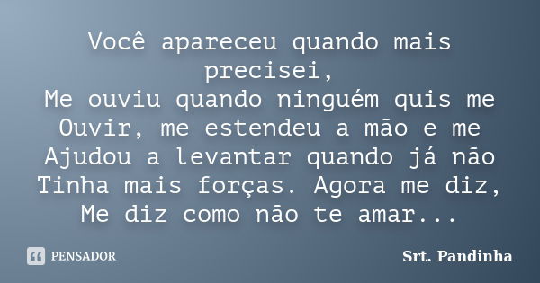 Você apareceu quando mais precisei, Me ouviu quando ninguém quis me Ouvir, me estendeu a mão e me Ajudou a levantar quando já não Tinha mais forças. Agora me di... Frase de Srt. Pandinha.