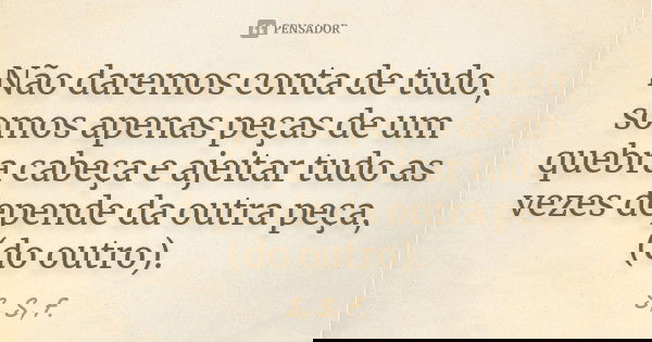 Não daremos conta de tudo, somos apenas peças de um quebra cabeça e ajeitar tudo as vezes depende da outra peça, (do outro).... Frase de S, S, F..