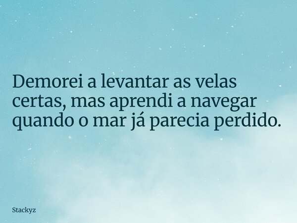 Demorei a levantar as velas certas, mas aprendi a navegar quando o mar já parecia perdido.... Frase de Stackyz.