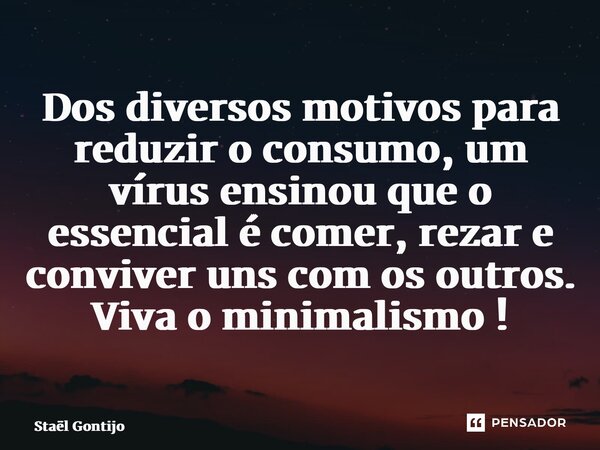 ⁠Dos diversos motivos para reduzir o consumo, um vírus ensinou que o essencial é comer, rezar e conviver uns com os outros. Viva o minimalismo !... Frase de Staël Gontijo.
