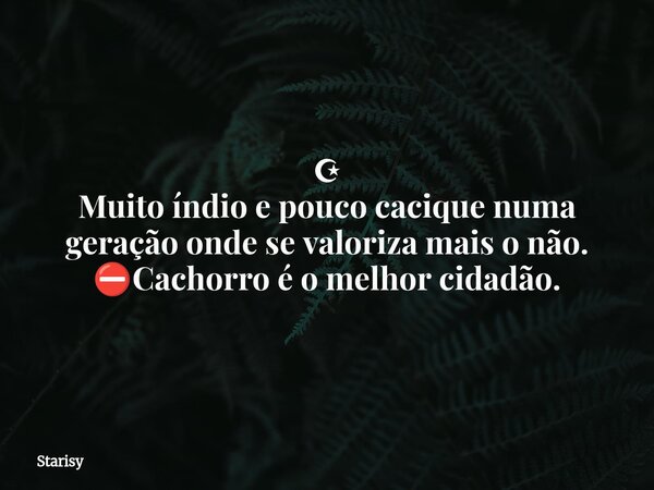 ☪ Muito índio e pouco cacique numa geração onde se valoriza mais o não. ⛔Cachorro é o melhor cidadão.... Frase de Starisy.