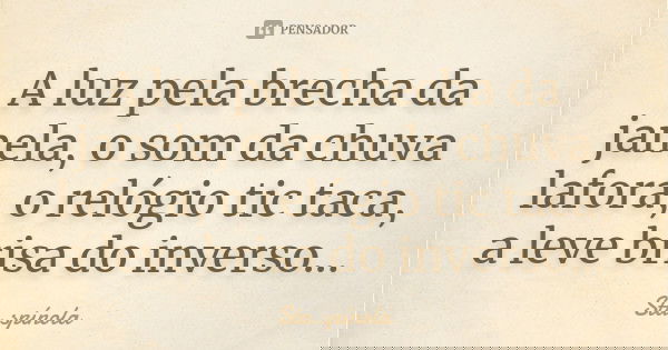 A luz pela brecha da janela, o som da chuva lafora, o relógio tic taca, a leve brisa do inverso...... Frase de Sta.Spínola.