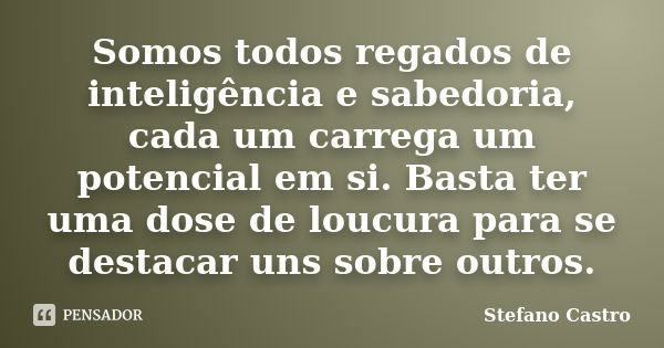 Somos todos regados de inteligência e sabedoria, cada um carrega um potencial em si. Basta ter uma dose de loucura para se destacar uns sobre outros.... Frase de Stefano Castro.