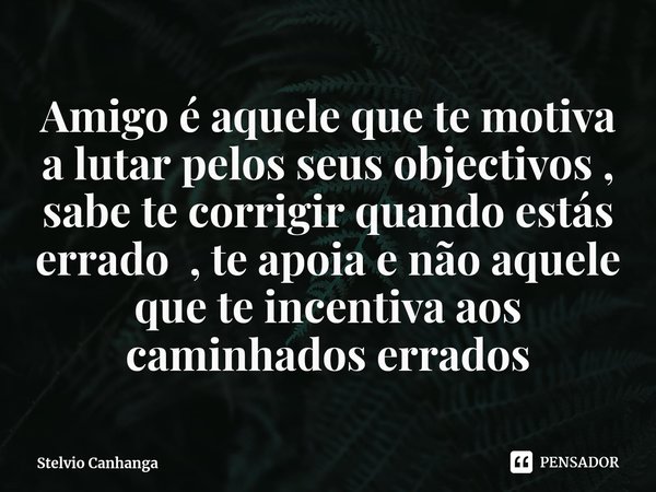 ⁠Amigo é aquele que te motiva a lutar pelos seus objectivos , sabe te corrigir quando estás errado , te apoia e não aquele que te incentiva aos caminhados errad... Frase de Stelvio Canhanga.