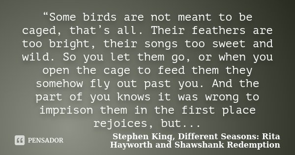 “Some birds are not meant to be caged, that’s all. Their feathers are too bright, their songs too sweet and wild. So you let them go, or when you open the cage ... Frase de Stephen King, Different Seasons: Rita Hayworth and Shawshank Redemption.