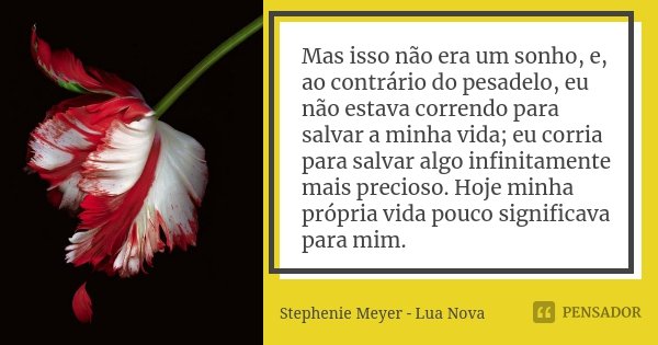Mas isso não era um sonho, e, ao contrário do pesadelo, eu não estava correndo para salvar a minha vida; eu corria para salvar algo infinitamente mais precioso.... Frase de Stephenie Meyer - Lua Nova.