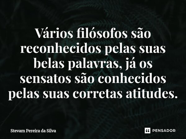 ⁠Vários filósofos são reconhecidos pelas suas belas palavras, já os sensatos são conhecidos pelas suas corretas atitudes.... Frase de Stevam Pereira Da Silva.