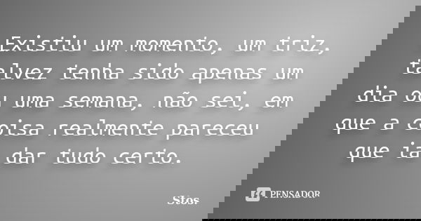 Existiu um momento, um triz, talvez tenha sido apenas um dia ou uma semana, não sei, em que a coisa realmente pareceu que ia dar tudo certo.... Frase de Stos.