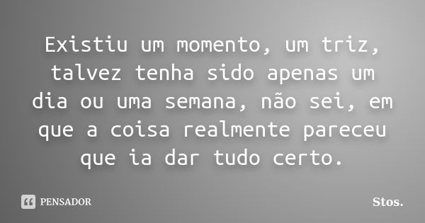 Existiu um momento, um triz, talvez tenha sido apenas um dia ou uma semana, não sei, em que a coisa realmente pareceu que ia dar tudo certo.... Frase de Stos.