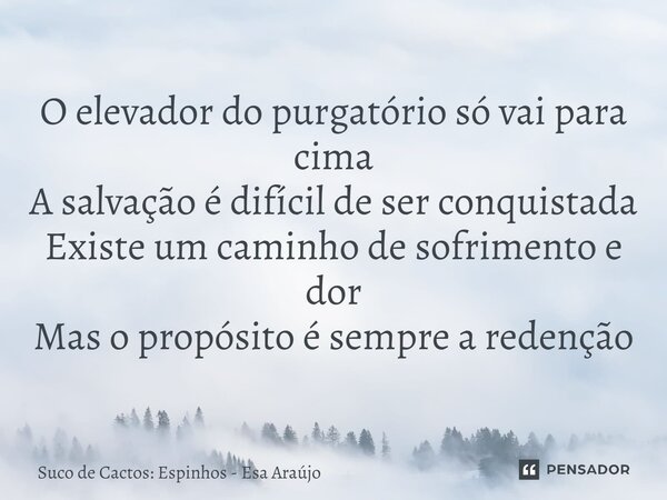 ⁠O elevador do purgatório só vai para cima A salvação é difícil de ser conquistada Existe um caminho de sofrimento e dor Mas o propósito é sempre a redenção... Frase de Suco de Cactos: Espinhos - Esa Araújo.