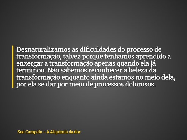 Desnaturalizamos as dificuldades do processo de transformação, talvez porque tenhamos aprendido a enxergar a transformação apenas quando ela já terminou. Não sa... Frase de Sue Campelo - A Alquimia da dor.