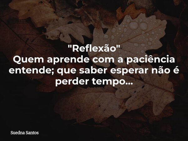 "Reflexão" Quem aprende com a paciência entende; que saber esperar não é perder tempo...... Frase de Suedna Santos.