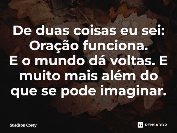De duas coisas eu sei: Oração funciona. E o mundo dá voltas. E muito mais além do que se pode imaginar.... Frase de Suedson corey.