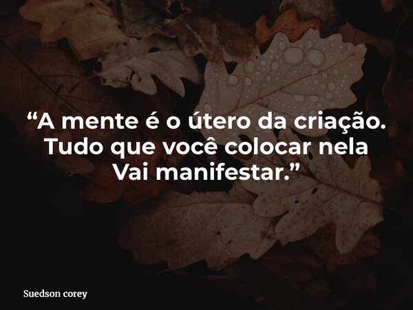“A mente é o útero da criação. Tudo que você colocar nela Vai manifestar.”... Frase de Suedson corey.