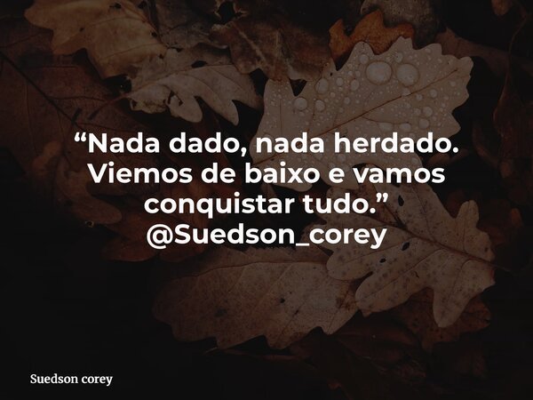 “Nada dado, nada herdado. Viemos de baixo e vamos conquistar tudo.” @Suedson_corey... Frase de Suedson corey.