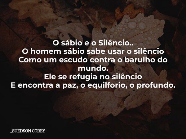 O sábio e o Silêncio.. O homem sábio sabe usar o silêncio Como um escudo contra o barulho do mundo. Ele se refugia no silêncio E encontra a paz, o equilforio, o... Frase de _SUEDSON COREY.